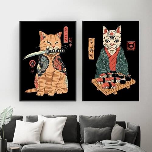 Japanese Samurai Cat Nostalgia Home Decor Art Decor HD Black Cartoon Painting Animal Posters Canvas Painting Kitchen Room