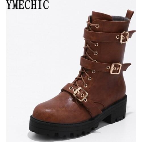 YMECHIC Botines Women Shoes Winter Autumn Lacing Buckle Strap Side Zipper Black Brown Lady Military Ankle Boots Large Size 35-45
