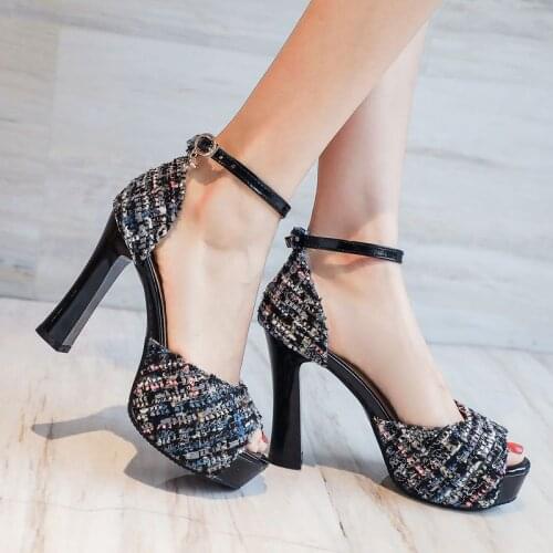 COOLULU 2020 Ladies Plaid Sandals Block High Heel Sandals Sexy Party Sandals Women Peep Toe Ankle Strap Pumps Size 33-43