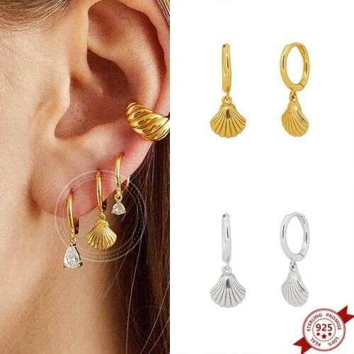 925 Silver Ear Buckle Shell Shaped Hoop Earrings For Women Statement Dangle Drop Earrings Female Girls Party Fashion Jewelry
