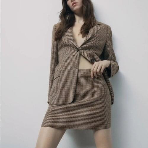 Summer Office Lady Houndstooth Blazer Suit Two Piece Set Skirts Women Single Breasted Plaid Blazer Chic High Waist Skirts Suits
