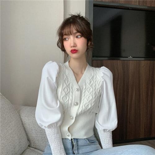 Korobov Puff Sleeve V Neck Women Sweaters 2021 New Autumn Winter Knitted Cropped Cardigans Korean Hit Color Patchwork Cardigan
