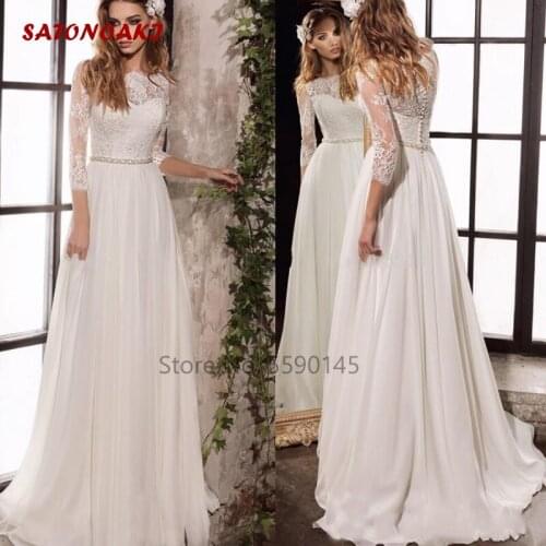 2020 New Simple Elegant Long Sleeve Lace Wedding Dress With Sashes Custom Made Boho Bridal Gown Vestido De Novia Online Shop