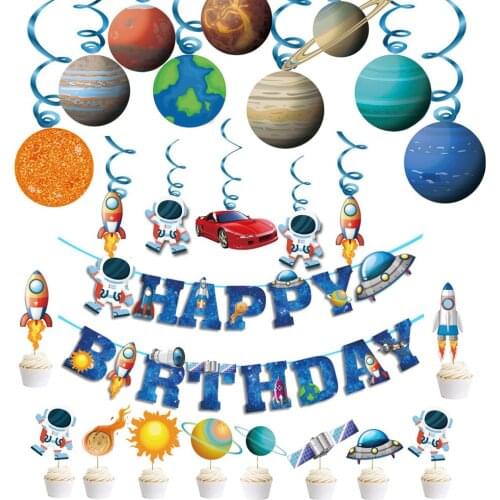 1set Birthday Party Decoration Outer Space Enlightenment Theme Hanging Swirls Rocket Planet Astronaut Boy Kids Birthday Decor