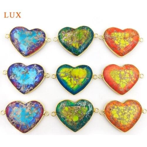 2pcs Natural Stones Exquisite Stone Heart Shaped Pendants Two Hole Gold Connector Charm Woman Jewelry Making Necklace Bracelet