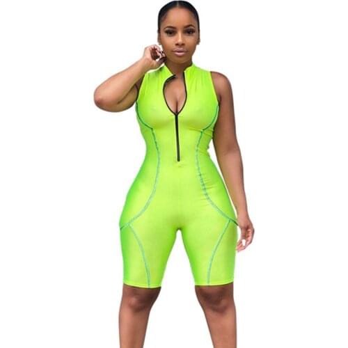 2019 Women Fitness Playsuits Sleeveless Turtleneck Zipper Fly Striped Patchwork Bodysuit Sporting Skinny Shorts Jumpsuit Outfits