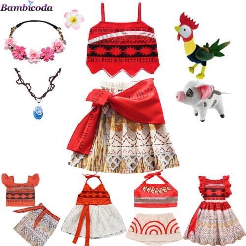 2021 Girls Moana Cosplay Costume for Kids Vaiana Princess Dress with Necklace Halloween Costumes Baby Children Party Clothes