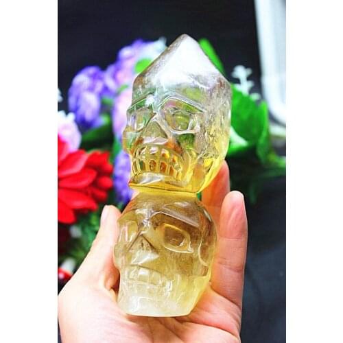 493g Natural quartz crystal yellow crystal carved skull natural stone sculpture and home decoration accessories