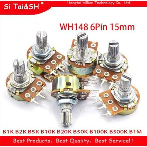 5pcs B1K B2K B5K B10K B20K B50K B100K B500K B1M 6Pin Shaft WH148 15mm Potentiometer 1K 2K 5K 10K 20K 50K 100K 500K 1M