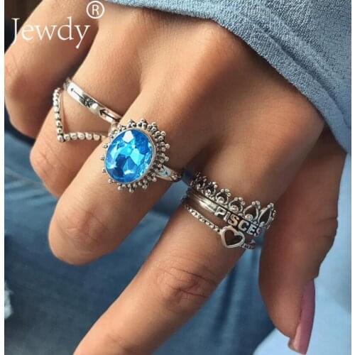 6Pcs/Set Blue Crystal Wedding Rings Crown Heart Vintage Midi Knuckle Rings for Woman 2020 Silver Color Rhinestone Ring Jewelry