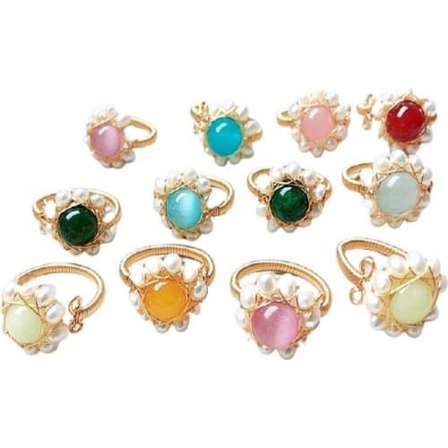 Promotion hotsale new handmade jewelry lady elegant synthetic gemstone natural pearl adjustable vintage finger ring for women
