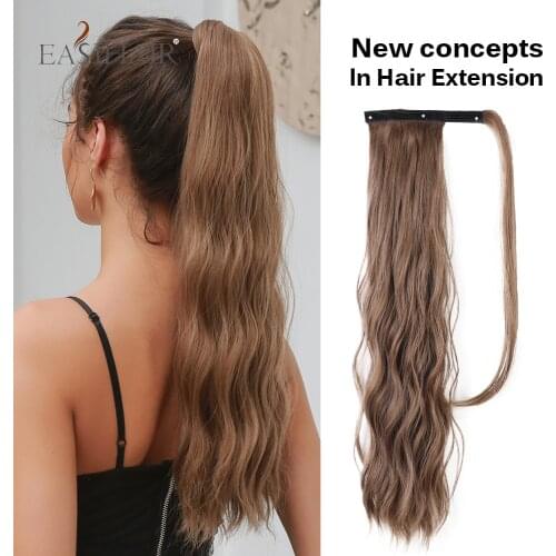 EASIHAIR Long Wave Wrap Around Clip In Ponytail Hair Extensions Brown Synthetic Pony Tail Fake Hair False Afro Hairpiece Wigs