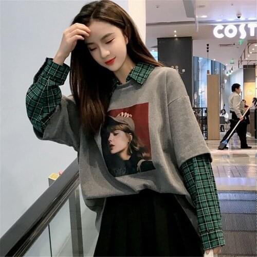 Japan Patchwork T-Shirts Female Funny Casual Long Sleeve Strip Harajuku T Shirt Streetwear Women Fake Two Piece T Shirt Girl