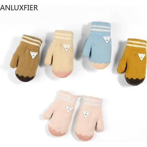 H10045 Children Gloves Autumn Winter Wind-proof Warm Thick Thermal Knitted Hand Muff Kids Girls Simple Cartoon Stripe Mittens