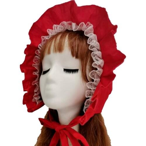 Medieval Servant Red Bonnet Hat Sun Hat Lace Ruffled Fringe Red Maid Hat