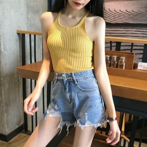 Summer Tank Top Women Casual Fitness Short Vest Candy Colors Knitted Off Shoulder Sexy Tanks