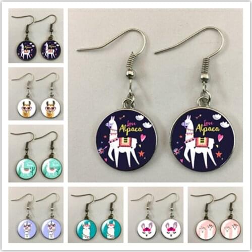 Fashionable cute colorful alpaca womens dangle earrings cute sheep glass cabochon handmade earrings girl jewelry
