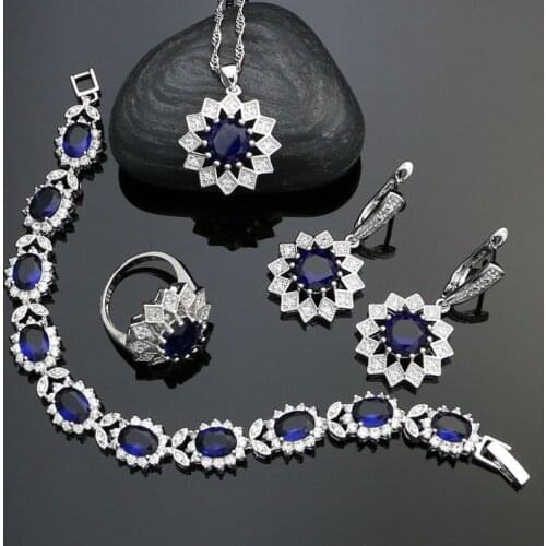 925 Sterling Silver Party Jewelry Sets Blue Stone White Crystal For Women Earrings/Pendant/Necklace/Ring/Bracelet