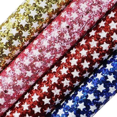 30x134cm Roll White Stars With Red Blue Chunky Glitter Fabric Leather For Hair Bow Earring Home Decoration DIY AY263