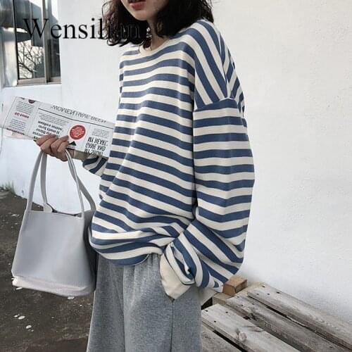 Long Sleeve Oversize Sweatshirt Hoodies Women Harajuku Black Stripe Cotton Sweat Kpop Tops 2021 Korean Fashion Loose TEE Tops