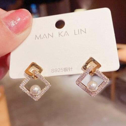 YAOLOGE 2021 New For Women Gold Color Square Rhinestone Pearl Alloy Stud Earrings Gift Fashion Party Wedding Jewelry Brincos