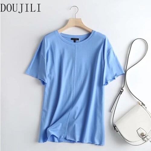 DOUJILI Casual T-Shirts Summer Style Short Sleeve Round Neck Silid Color Blue White Top Tees For Women