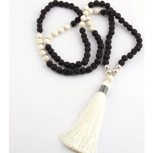 Free Shipping Fashion Black Lava White Stone Long White Tassel Necklace For Women Lariat Necklaces