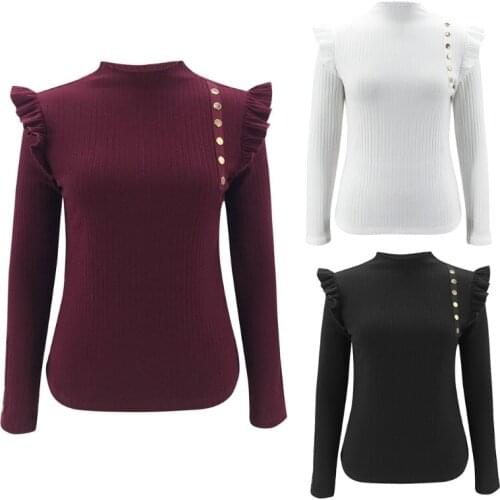 Women Long Sleeve Turtleneck Sweater Ruffles Patchwork Buttons Pullover Top Solid Color Ribbed Knit Slim Jumper Shirt