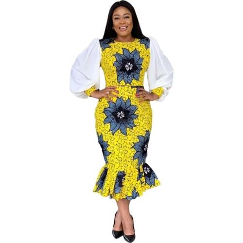 Plus Size Party African Dresses Africa Women Clothing Dashiki Flowers Print Long Sleeve Midi Dress Autumn Office Long Robe 3XL