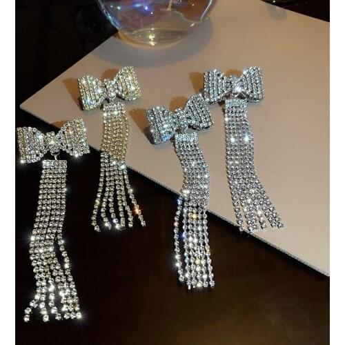 2021 Europe And America Bowknot Shining Rhinestone Long Tassel Dangle Earrings For Women Fashion Jewelry Luxury Pendientes Party