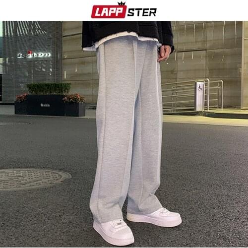 LAPPSTER Men Straight Wide Leg Harajuku Sweatpants 2021 Mens Causal Japanese Streetwear Vintage Joggers Man Kpop Black Pants 2XL