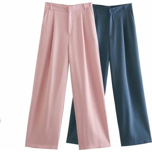 Women 2021 Fashion Solid Color Side Pocket Wide Leg Pants Retro High Waist Zipper Pants Streetwear