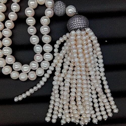 Natural 9-10mm Cultured White Freshwater Pearl sweater chain Long Necklace Cz Pave Gunmetal pearl Tassel Pendant 41"