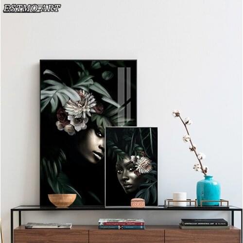 African Woman Flower Black and White Abstract Wall Art Canvas Painting Vintage Room Decor poster boho decor