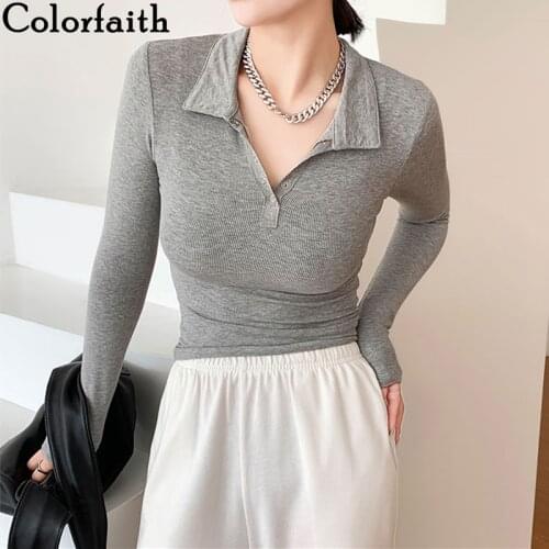 Colorfaith New 2021 Womens Spring Autumn T-shirt Soild Bottoming Basic Korean Style Fashionable Wild Sexy Lady Short Tops T2233