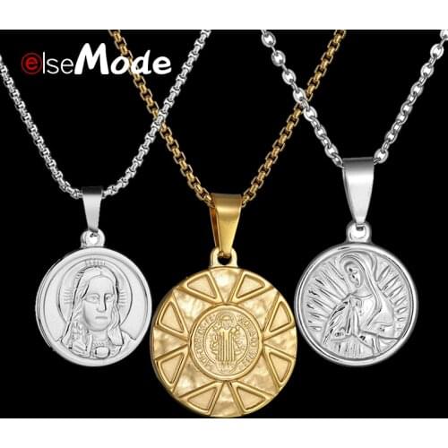 ELSEMODE Saint Benedict Medal Pendant Necklace Steel Stainless Steel Virgin Mary Catholic Round Necklaces for Women Men Jewelry
