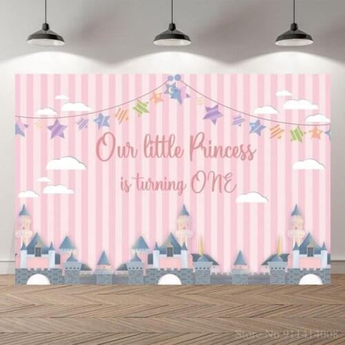 Our Little Princess Turning One Birthday Party Backgrounds Castles Buildings Pink White Striped Wall Stars Banner Baby Backdrop