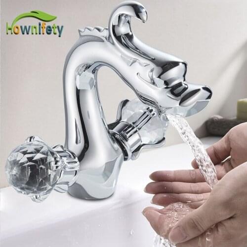 Chrome or Golden Polished Deck Mount Bath Sink Faucet Hot and Cold Mixer Tap Two Crystal Handle One Hole
