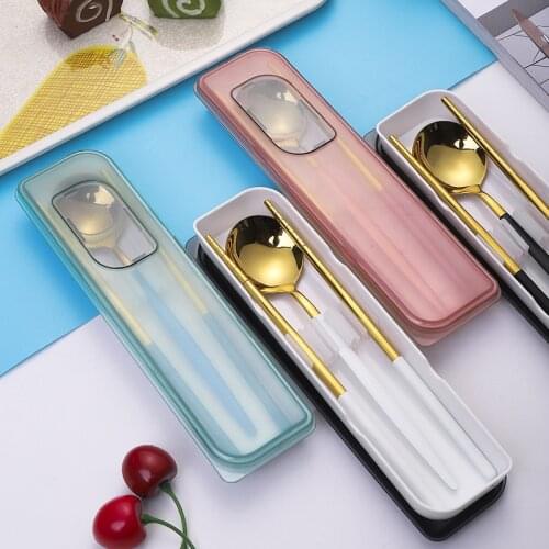 2Pcs/Suit Stainless Steel Portable Tableware Dinner Set Spoon Chopsticks Dinnerware with Box for Kid School Cutlery Kitchen Tool