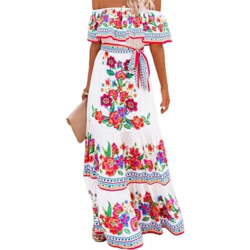 Summer Dress Women Bohemian Floral Print High Waist Female Ladies Horizontal Shoulder Plus Size Evening Party Dress XXXL