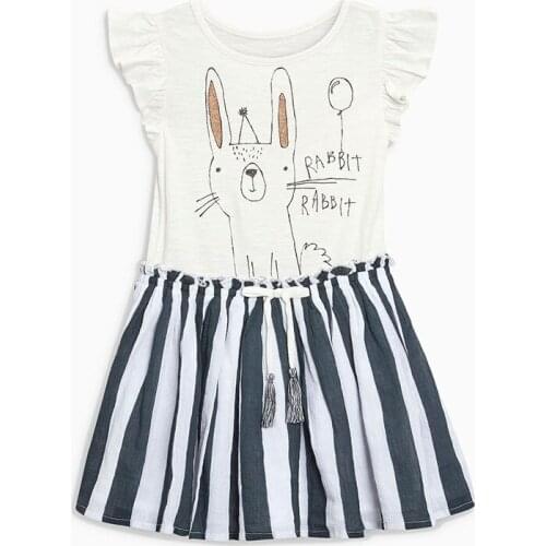 Little Maven New Summer Kids Clothing White Rabbit Printed Short Striped Patchwork O-neck Knitted 1-6yrs Cotton Girls Dresses