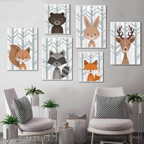 Bear Rabbit Fox Deer Nursery Wall Art Canvas Painting Cartoon Nordic Posters And Prints Wall Pictures Girl Boy Kids Room Decor
