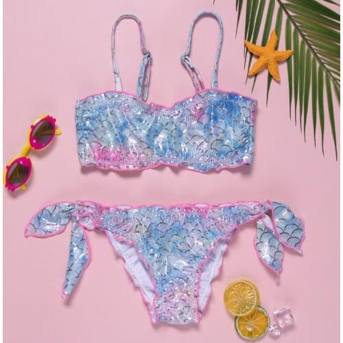 Cute Kids Girl Two Piece Swimsuits Fresh Mermaid Pattern Suspender Tops and e Shorts Children Girl Bathing Suit Swimwear