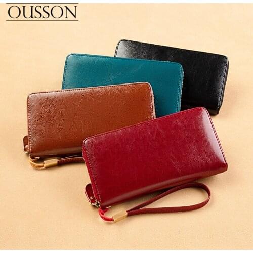 OUSSON Fashionable casual light RFID anti-theft card reader cowhide leather womens wallet handbag long clutch