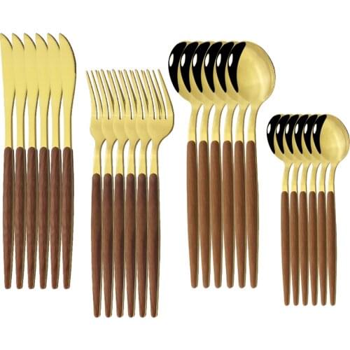 24Pcs Stainless Steel Tableware Set Glossy Wood Gold Dinnerware Set Western Food Knife Fork Teaspoon Flatware Silverware Cutlery