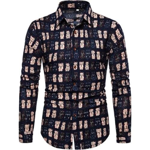 2019 New Fashion Men Long Sleeve Money Cat Print Shirt Men Slim Fit Casual Shirt Plus Size M-5XL