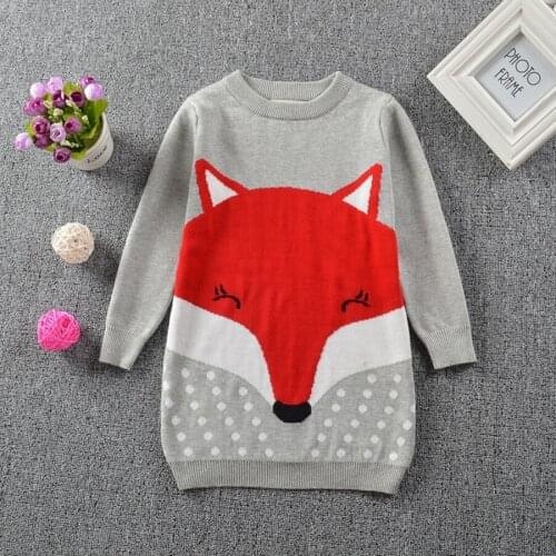 2020 New Girl Sweater Dress Printed Fox Girl Casual Pullover Long Sleeve Crew Neck Knitwear Sweater Children Clothes