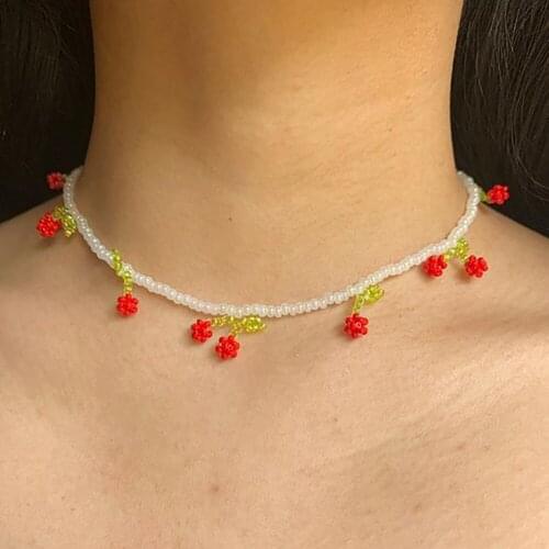 Cute Red Cherry Choker Necklace For Women Girls Fashion Korean Fruit Transparent Beads Necklaces 2021 Trend Jewelry Gift