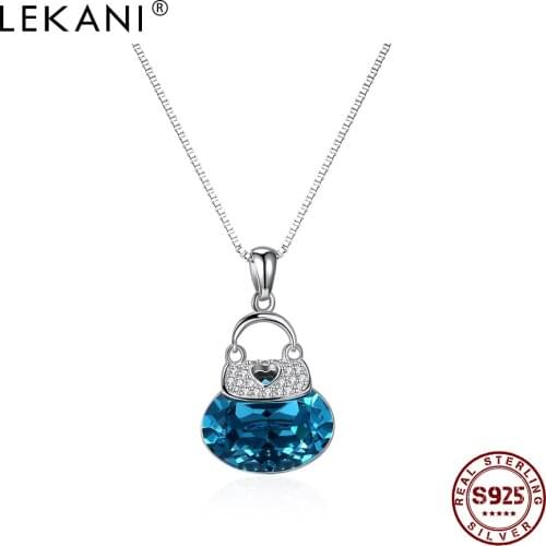 LEKANI S925 Sterling Silver Necklace For Women Tiny Handbag Pendant Cute Blue Crystal Recommend Birthday Gift Fine Jewelry
