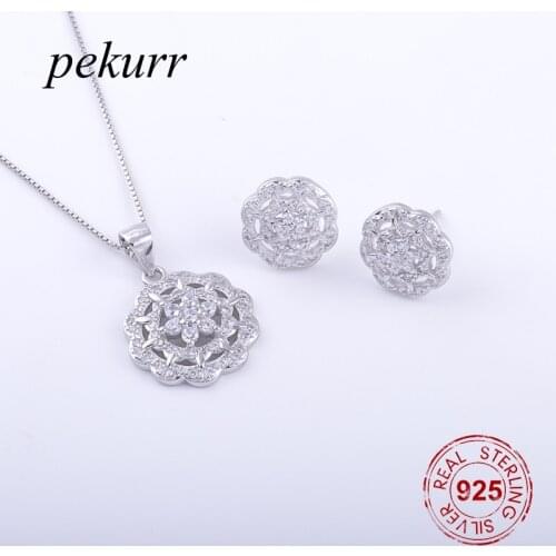 Pekurr 925 Sterling Silver Luxurious Crystal Sunflower Earrings Necklace Sets For Women Paved Zircon Pendants Jewelry Set